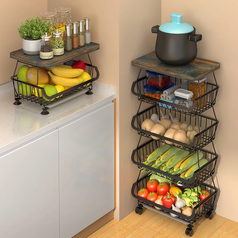 Home Mobile Vegetable Fruit Food Storage Basket Rack Kitchen Cart Trolley with Wheels