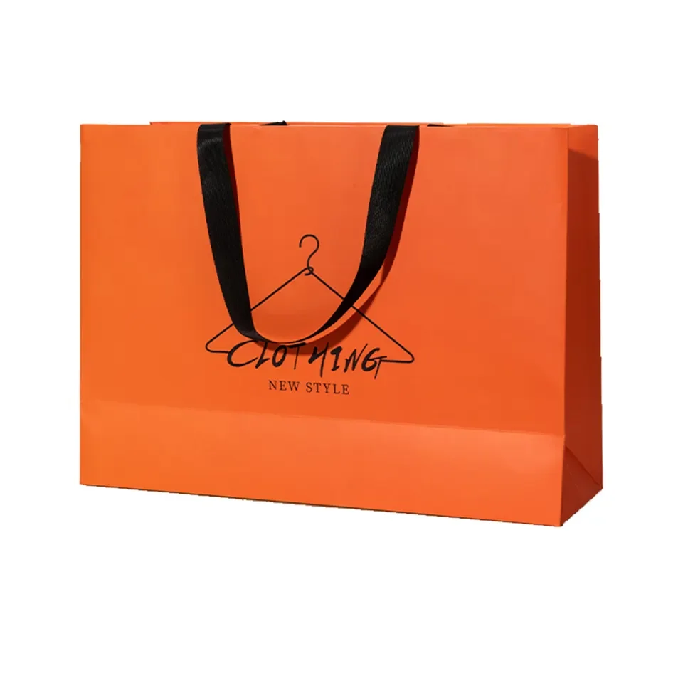 Custom Print Your Own Logo Boutique Handbag Package Bags Orange Fashion Accessories Paper Packaging Shopping Bag