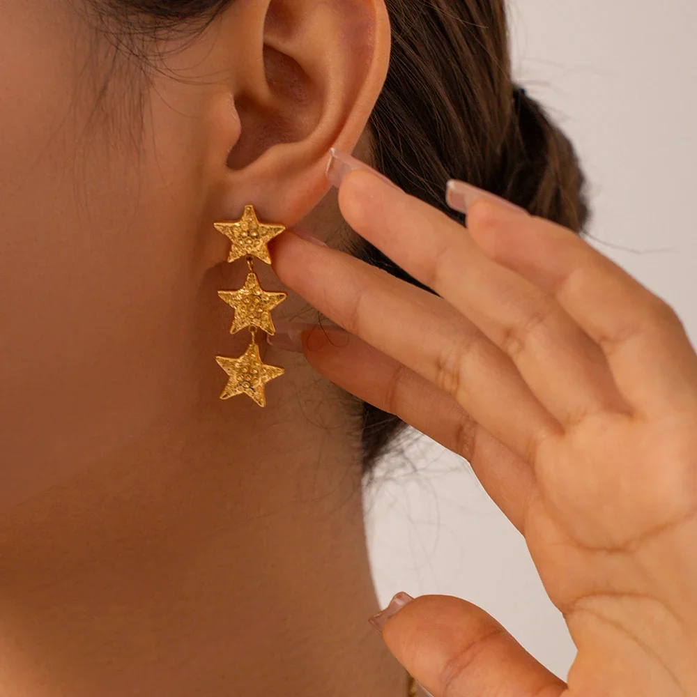 New Arrival 18K Gold Plated Stainless Steel Star Earrings Women Beautiful Style Waterproof Texture Bump Three Stars Drop
