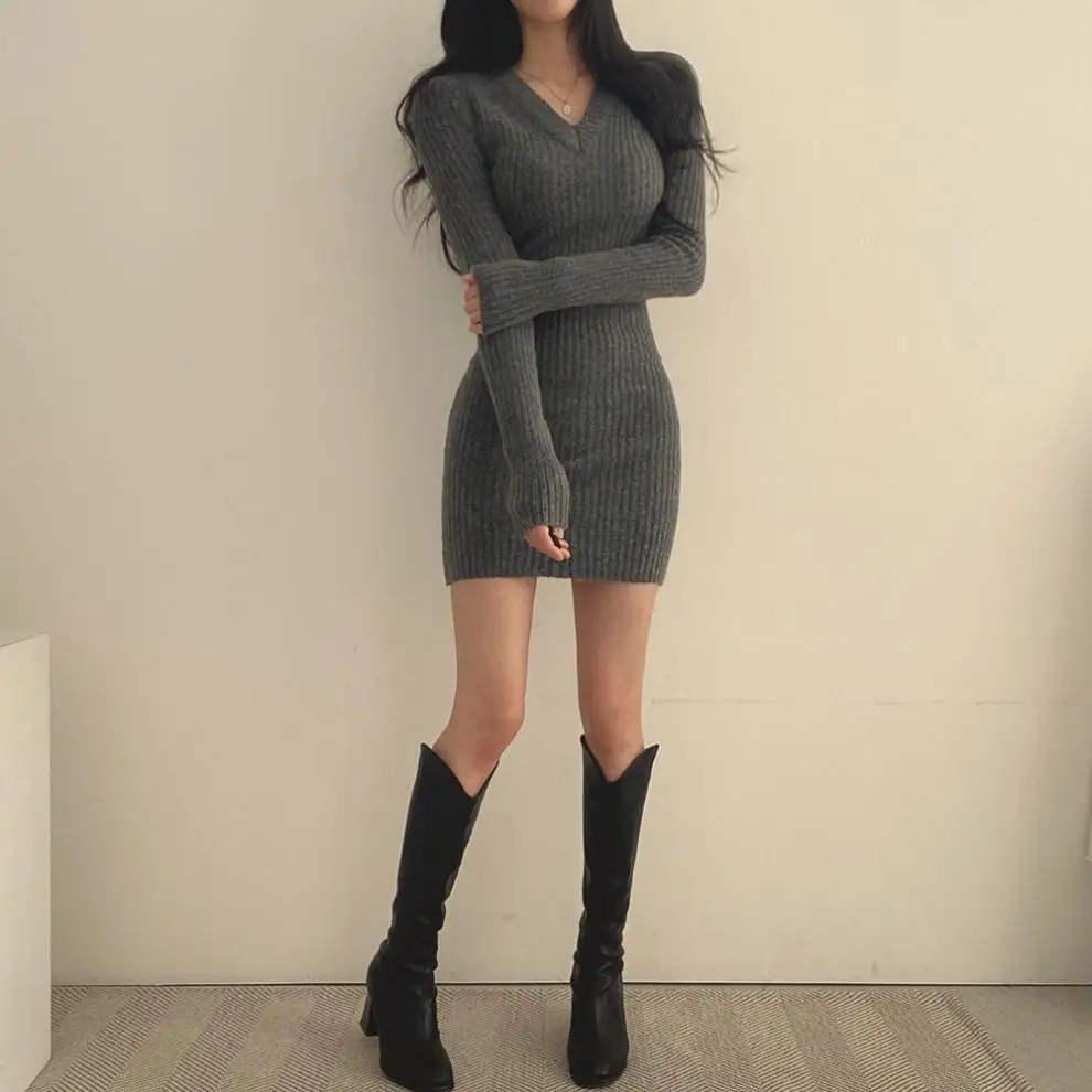 2024 весеннее женское платье-свитер с V-образным вырезом и длинным рукавом