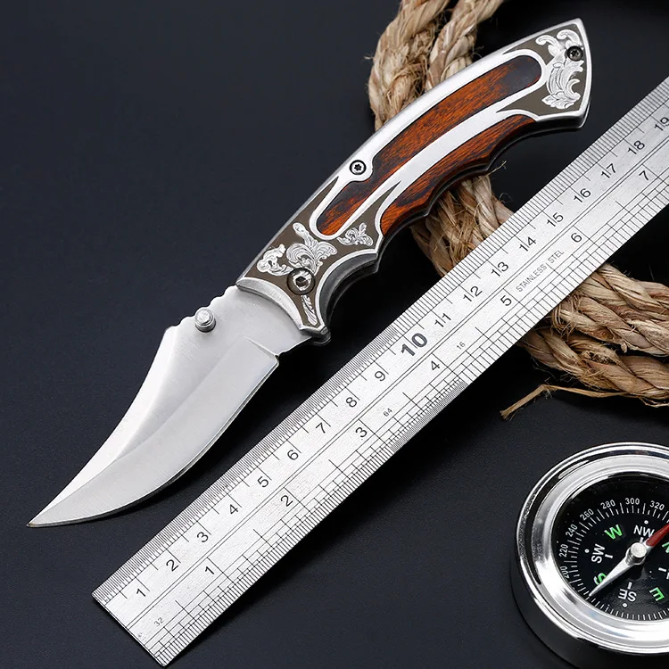 Outdoor Laser Flower Pattern Wood Handle Hunting Pocket Knife With Clip