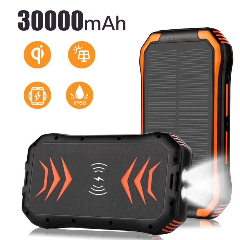 Waterproof Portable Solar Power Electronics Bank 30000mAh Dual USB Mini Battery Charger Magnetic Wireless Phone Bank With Light