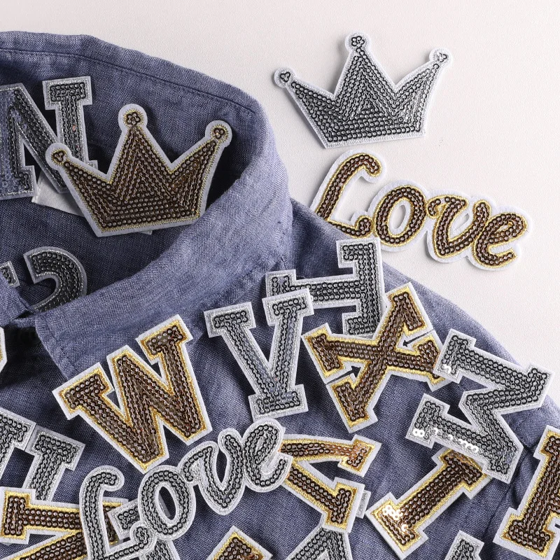 Bling Iron On Patches For Clothes A-Z Alphabet DIY Brand Logo Patch Sliver Gold Sequin Patch