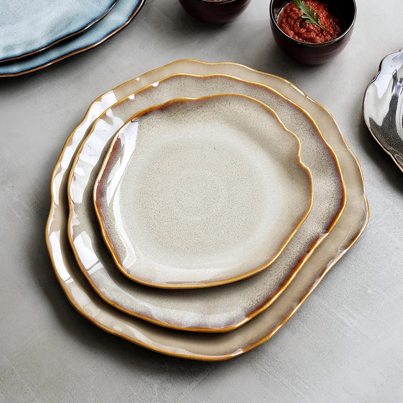 Handmade Ceramic Dinner Plate Rustic Glazed Cold Dishes Fruit Salad Sushi Pasta Food Serving Tray Irregular Restaurant Tableware