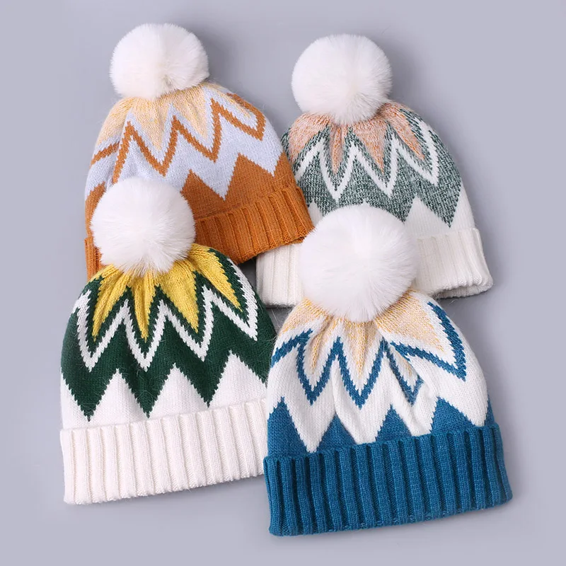 Winter Women Mixed Color Cuff Beanie Faux Fur Pompon Cute Knitted Stripe Patterned Wool Ski Cap Warm Custom Beanie Hat