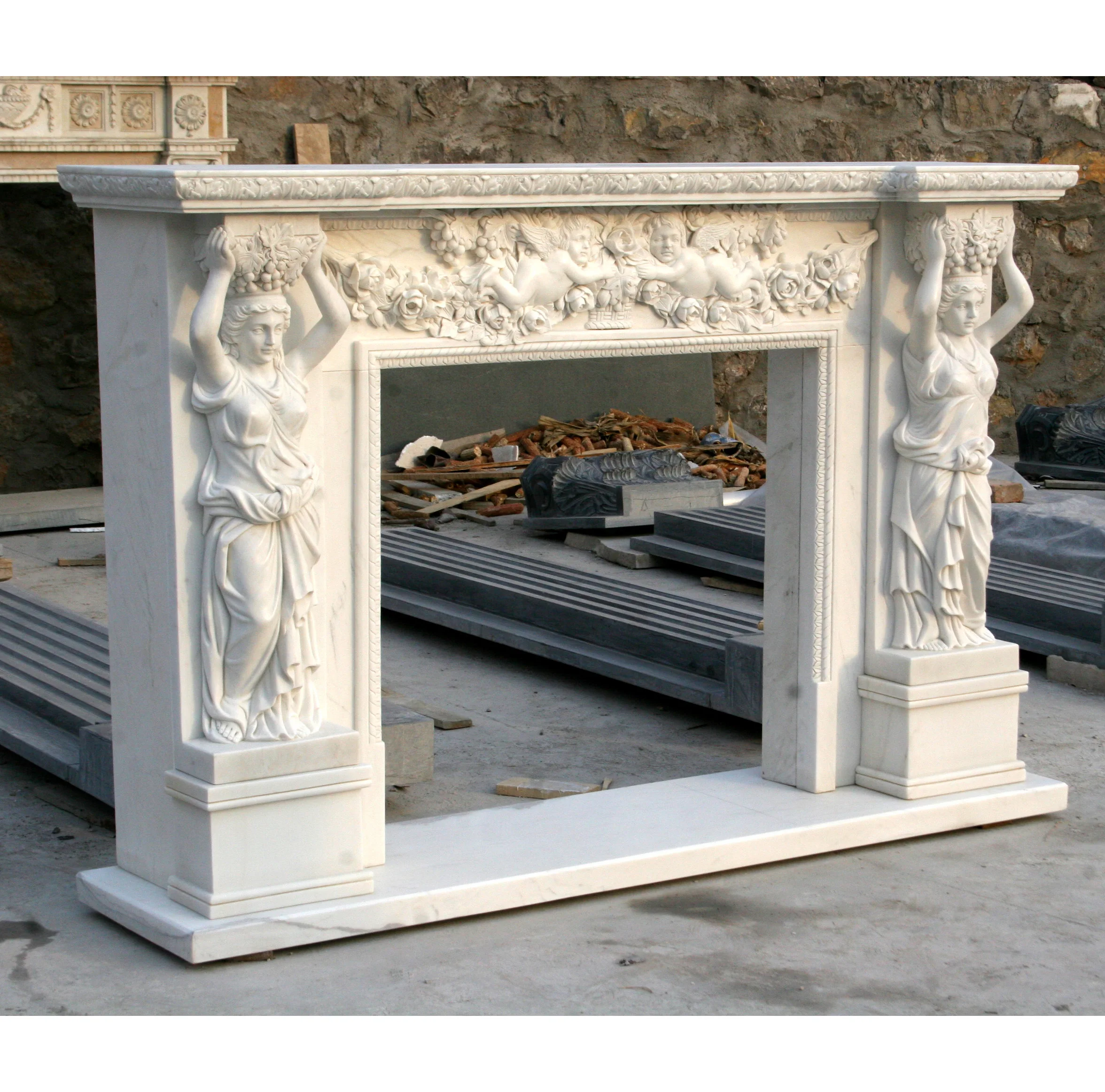 Classic Indoor Natural Stone Hand Carved Marble Elegant Lady Fireplace For Sale