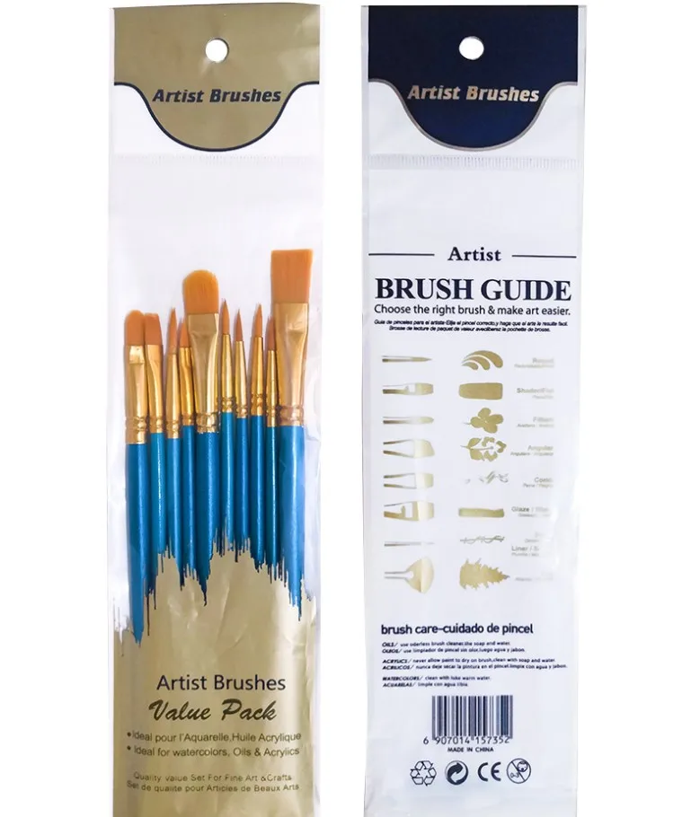 10pcs oil painting gouache watercolor acrylic hook thread nylon hair long rod brush set