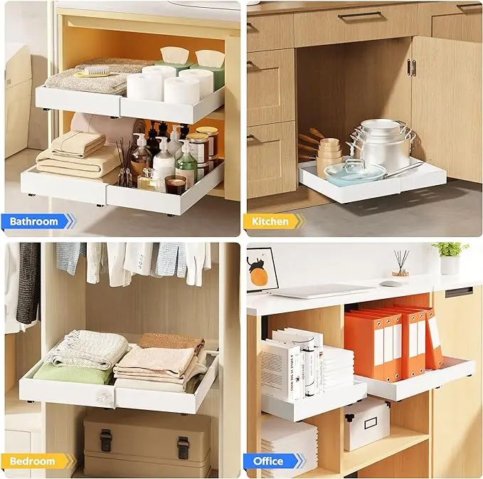 Pull Out Cabinet Organizer Expandable, Adhesive with Nano Film, Pull Out Drawers for Cabinets in Kitchen, Pantry or Bathroom