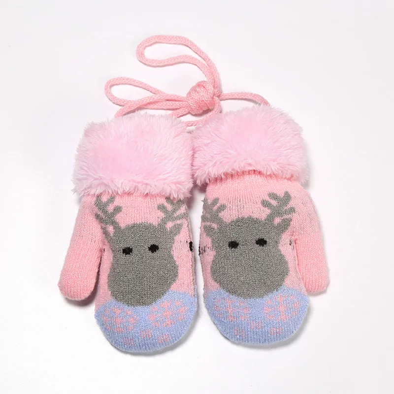 Factory direct sales  winter outdoor children  mittens Fleece lining  cute cartoon elk  knitting Thick and warm  newborn gloves