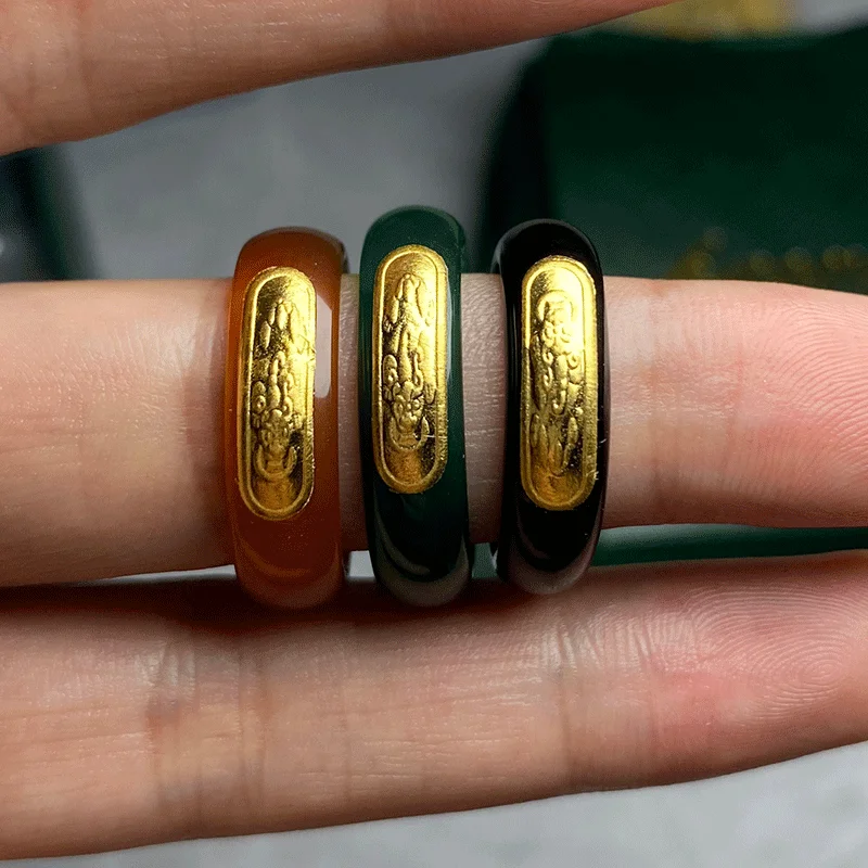 Manufacturer Myanmar Jade Ring Inlaid 24K Gold Pixiu 999 Gold Pattern Text Band Ring Wholesale Handcraft Ring
