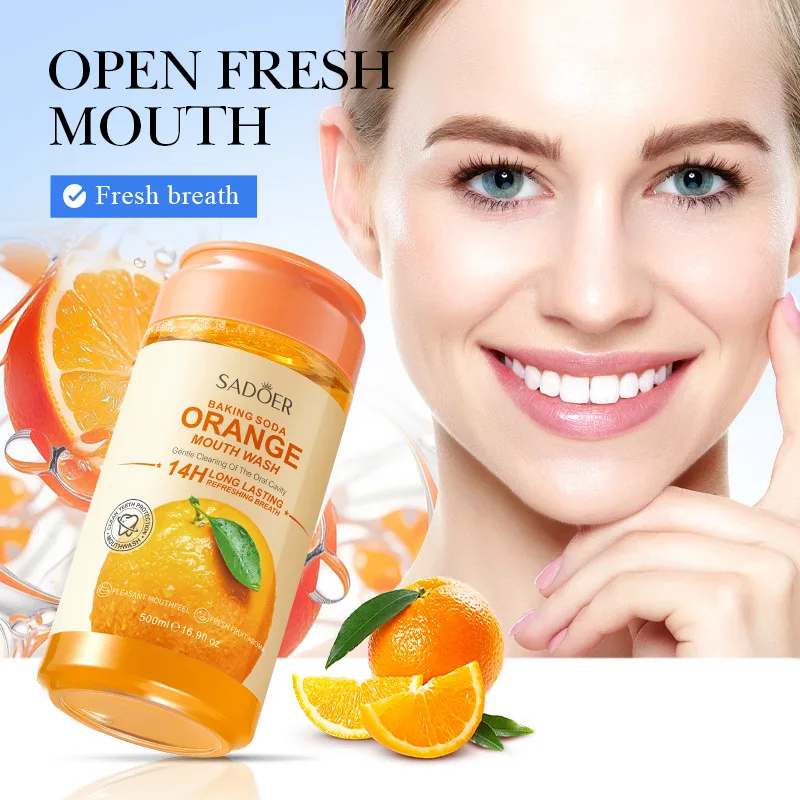 Organic Fresh Orange Peach Flavor 500ml Alcohol-free natural Mouthwash Baking Soda Effective Tooth Stain Removal mouth lotion