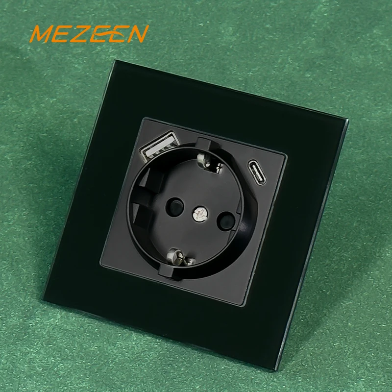 Tempering Glass European Standard German Schuko Wall Socket With Type A Type C USB Charging Port