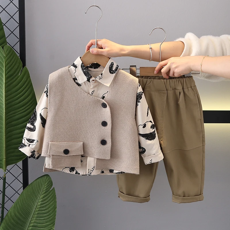 Boutique Children Casual Clothes 1-5 Years Baby Boys 3 Piece Set Vest+T-Shirt+Pants High Quality Cotton Clothing Set