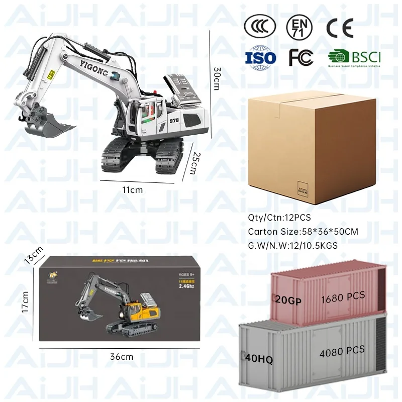 AiJH 11CH Alloy RC Excavator Car Turntable 680 Degrees Engineering Vehicle With LED Light Sound Bulldozer Toy RC Excavator Car