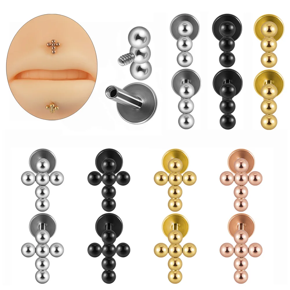 Punk Surgical Steel Bead Cross Tragus Piercing Labret Stud Lip Ring Black Gold Color Cross Top Flat Back Cartilage Stud Earring