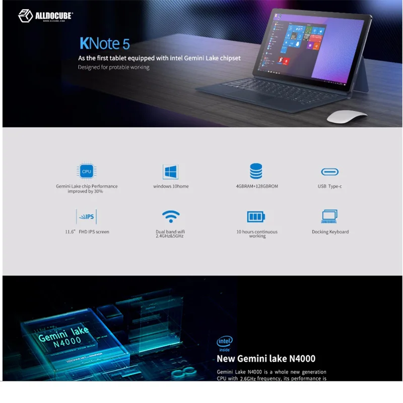ALLDOCUBE KNote5 Win 10 Tablet 11.6 inch FHD1920x1080 Intel Gemini Lake N4000 Dual Core 4GB RAM 128GB ROM Dual WiFi Tablet PC