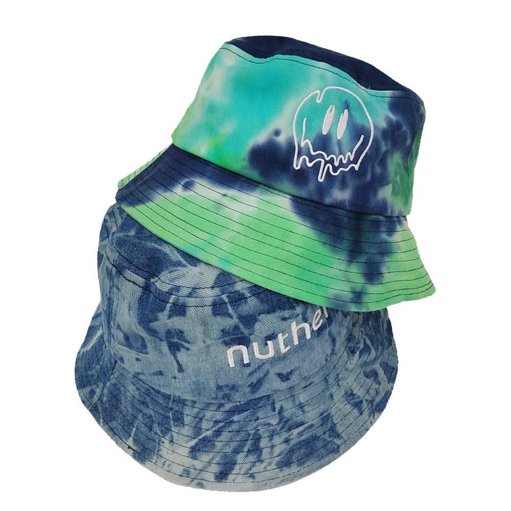 Custom Denim Tie-Dye Bucket Hat Unisex Wholesale Sportsman Washed Hat with Embroidered Logo Printed Pattern for Men and Women