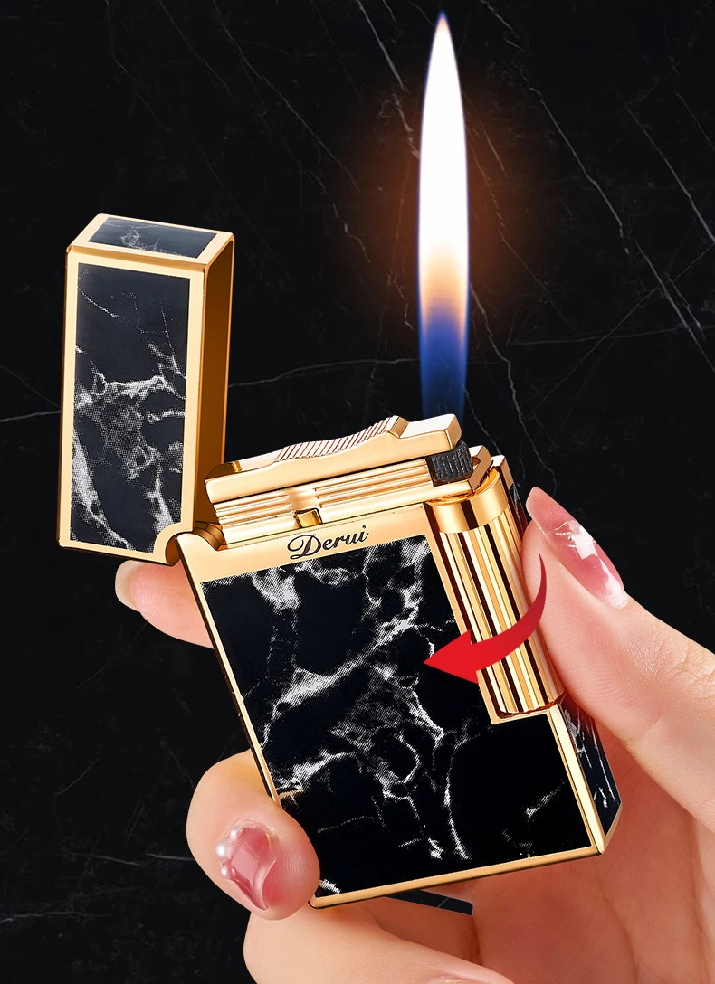 Derui Lighter Loud Sound Butane Gas Side Sliding Blue Flame Windproof Lighter Pure Copper Cigar Lighter Adjustable Flame
