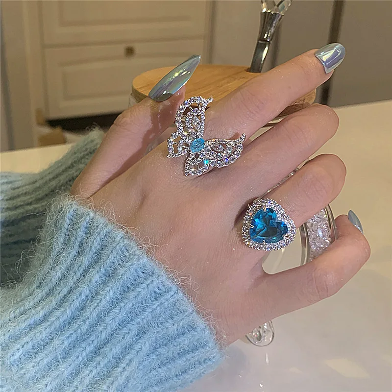 JUHU Ice and Snow Fairy Tale Series Ring Micro-inlaid Zircon Ice Blue Love Heart Opening Ring Crystal Butterfly Ring Female