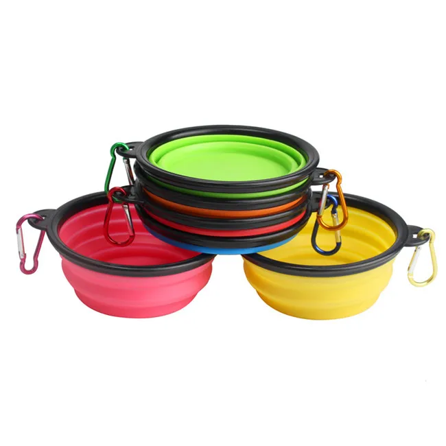 
Portable Travel collapsible expandable foldable silicone Pet dog food bowl with carabiner 