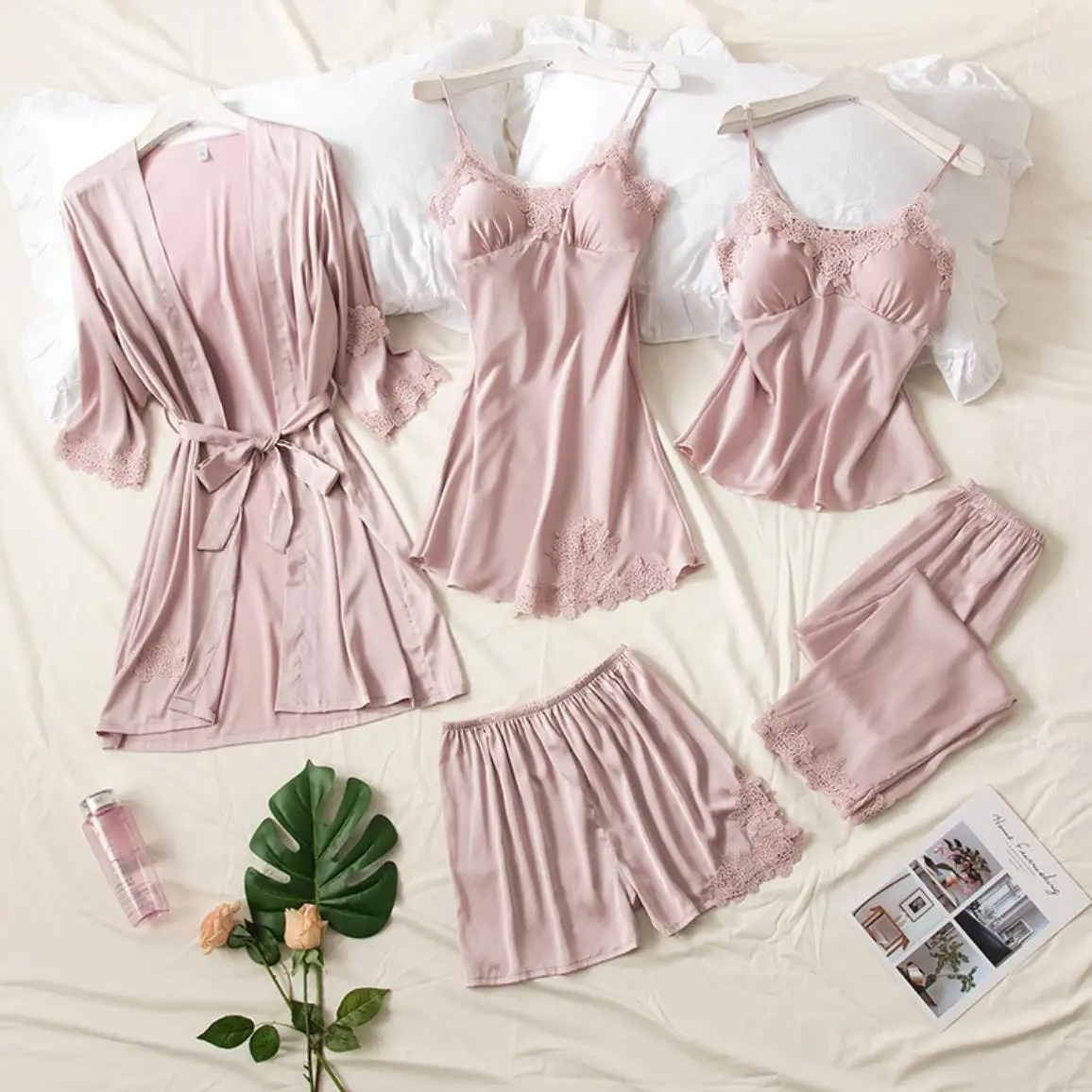 High Quality Satin Pajamas Wholesale Home Loungewear Lace Five-Piece Sleepwear Set for Women