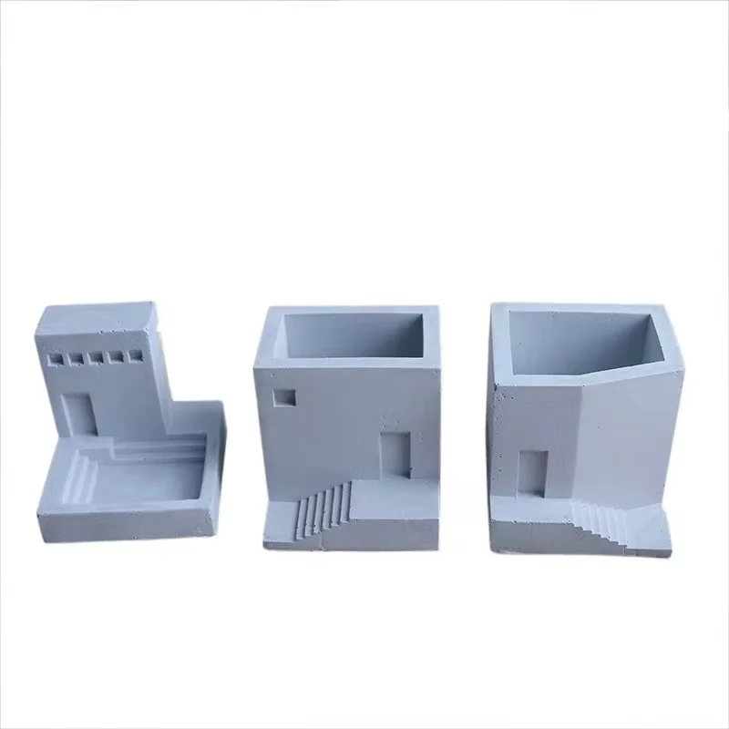 Yiwu Large Simple European Style Two Sides Staircase Step Cube Shape Silicone Diy Concrete Cement Wax Gypsum Flower Pot Mold