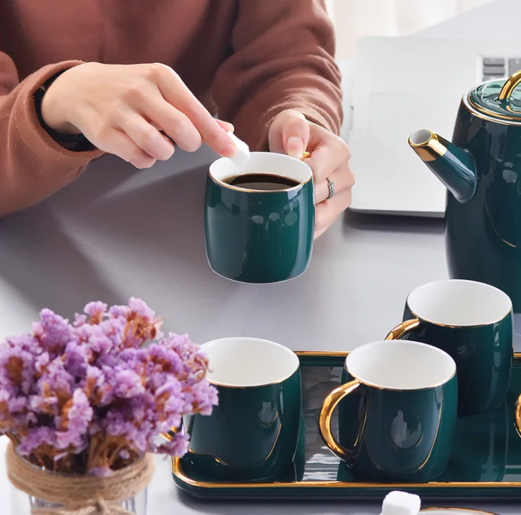 European Household Modern Design Glazed Green Ceramic 6pcs Cups and Teapot Set with Tray