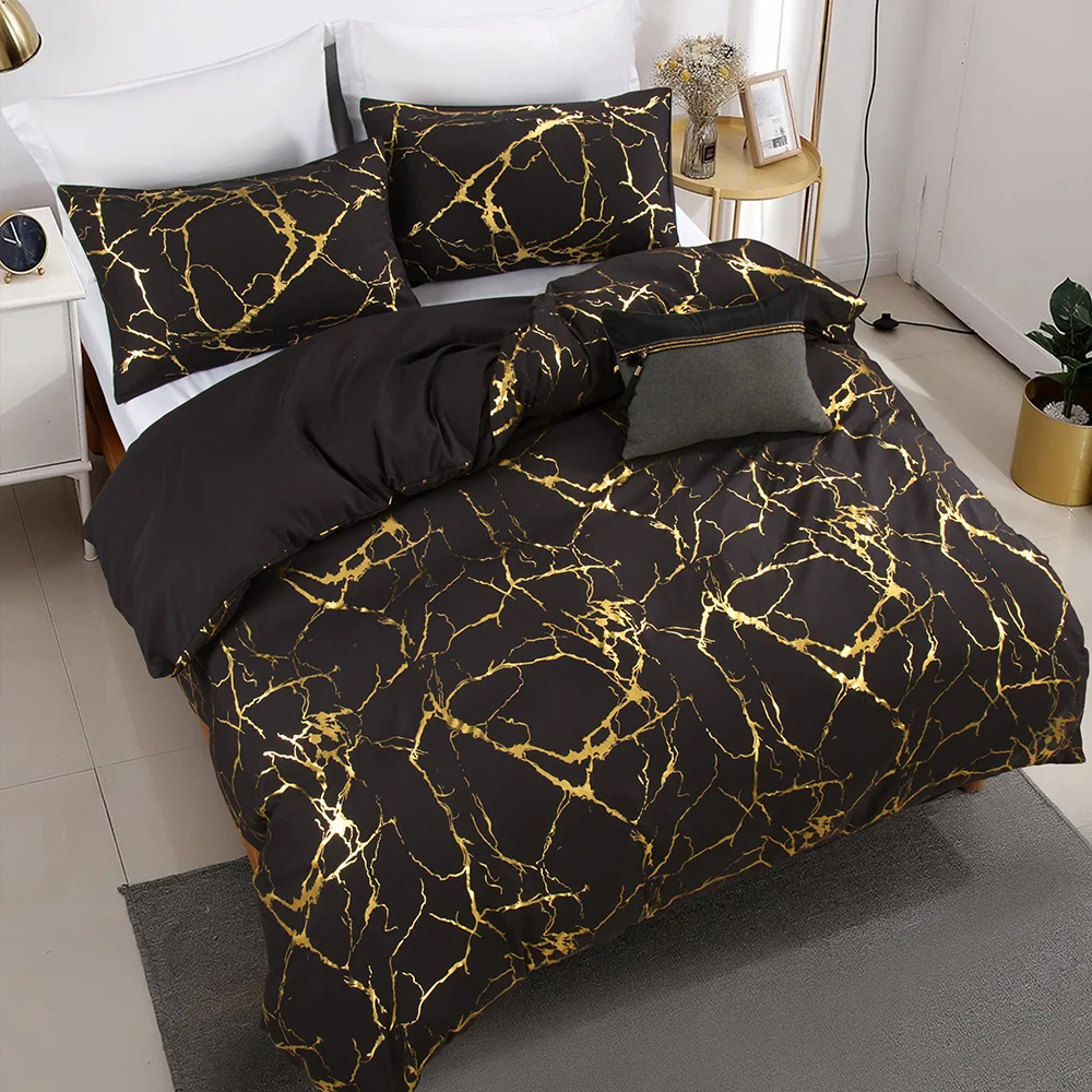 Chinese Bedding Set duvet cover black marble texture gold printing style quilt extra large