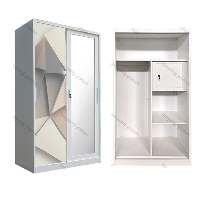 Iron Almirah Wardrobe Home Bedroom Furniture Living Room Steel Wardrobe metal with 4 sliding door and mirror