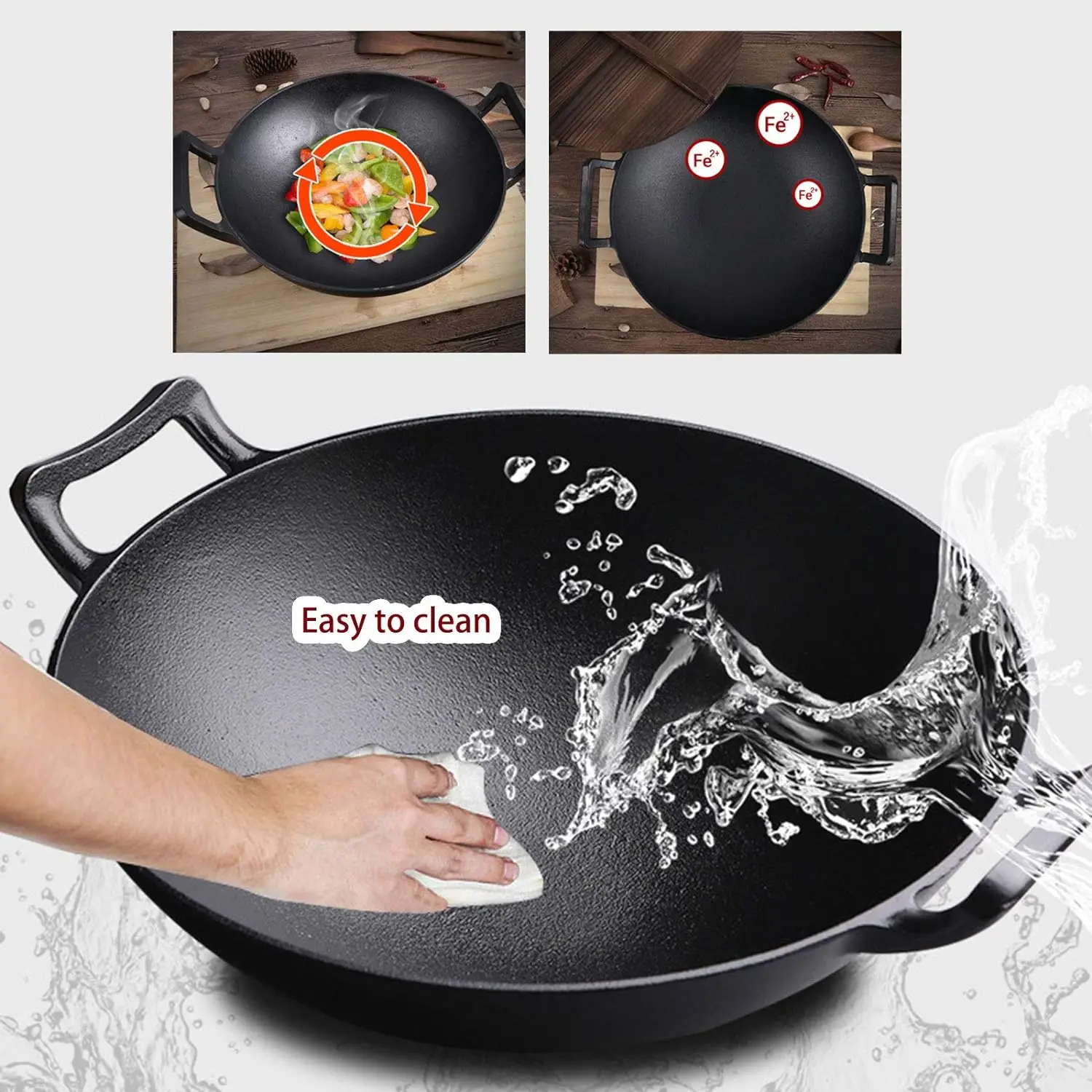 Best Price Black Non Stick Big Woks Cast Iron Pre Seasoned Wok With Double Ears Cast Iron Cookware Wok