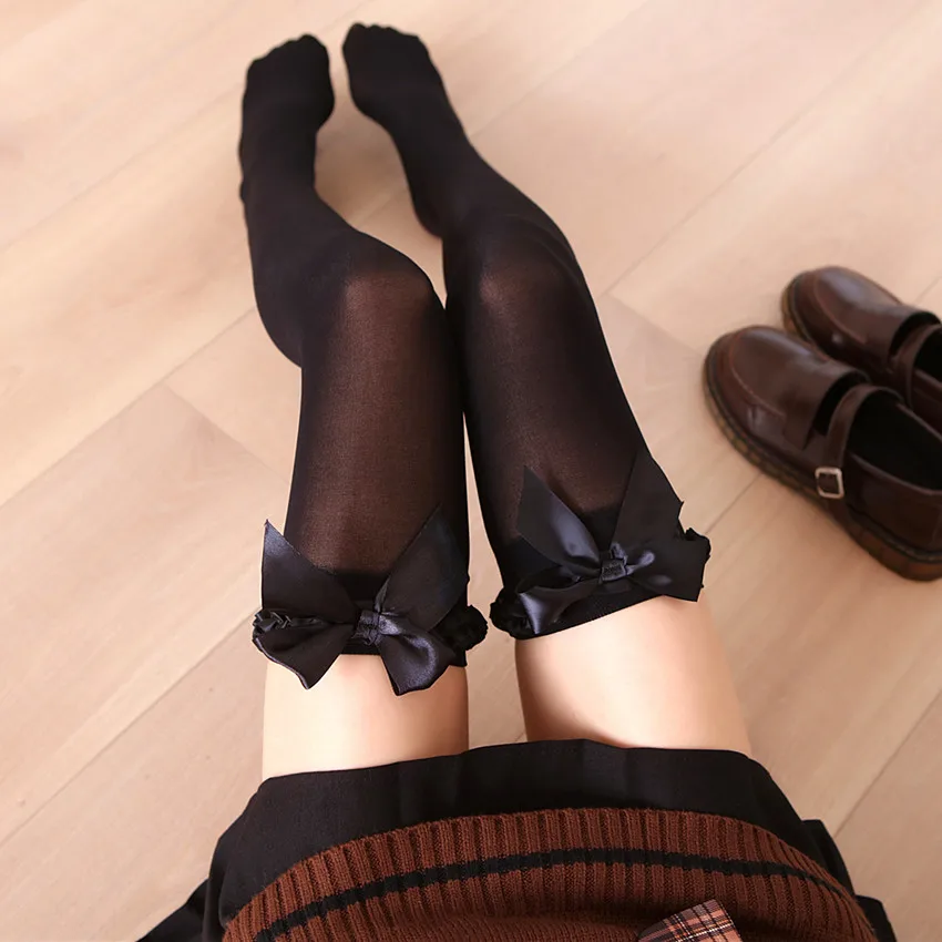 Sexy Ladies silk socks Japanese lace bow knee-high stockings female Lolita college style knee-high calf white black stockings