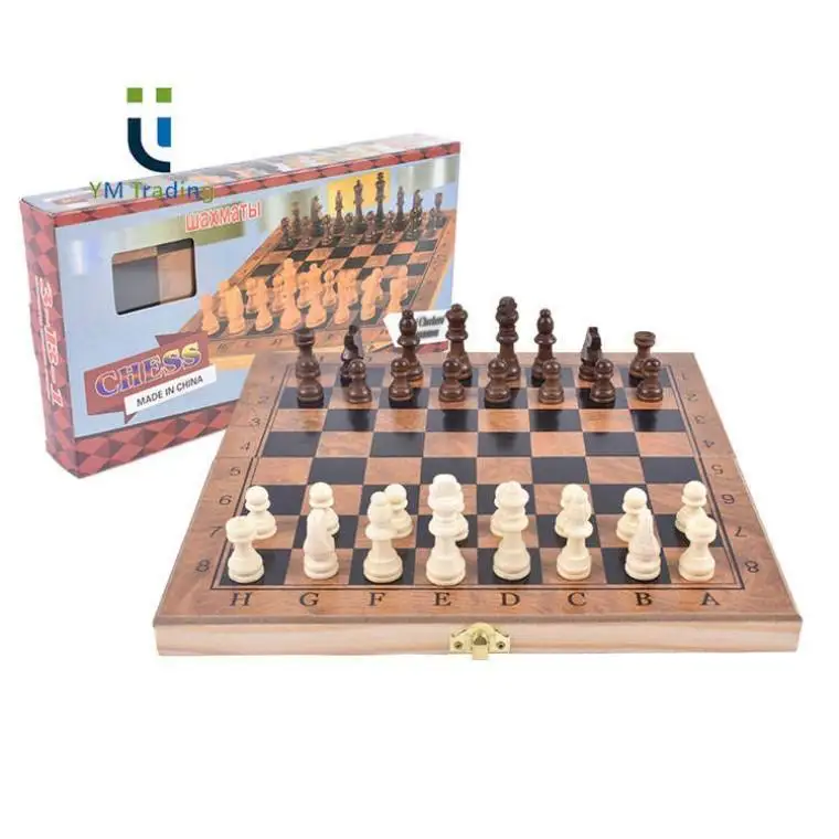 3-in-1 Wooden Chess Set Folding Chess Board Game Set Chess and Checkers Backgammon Portable Folding Travel Tabletop Game