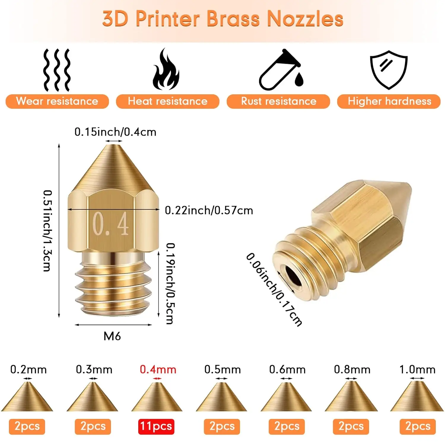 wholesale high precision 3d Printer Parts 0.2 0.4 0.6 0.8 threaded stainless steel brass 3d printer nozzle