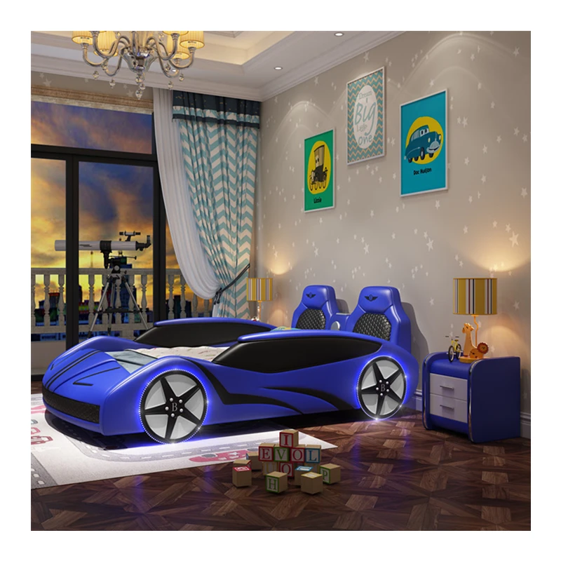 Fashion Safe Guard Children Racing Car Bed Set Genuine Leather Single/Double Kids LED Function Speaker Music Car Beds