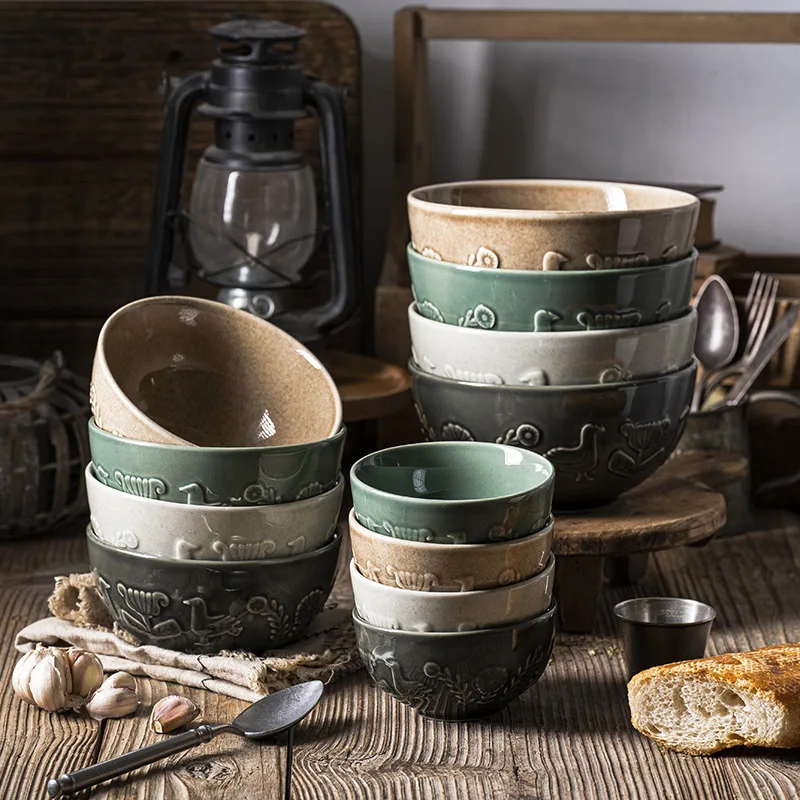 Solhui Retro ceramic embossed flower and bird soup salad bowl noodle and rice bowls