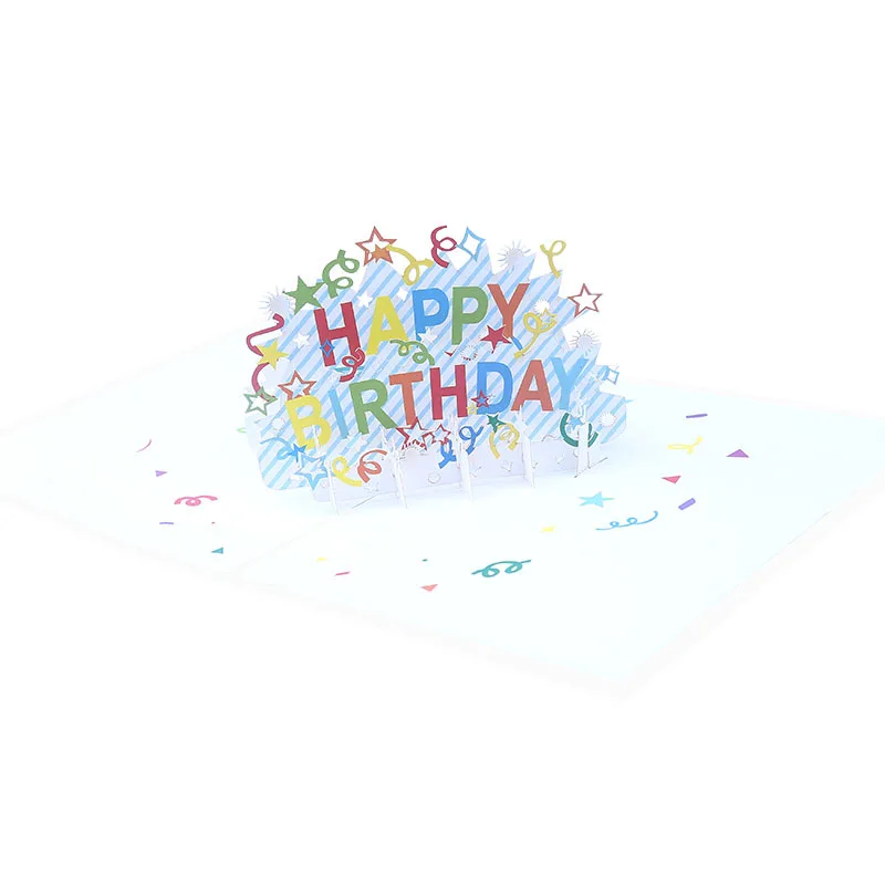 Custom with Logo Cute Blue Coloured Ribbon Happy Birthday BLessing Invitation 3d Pop Up Paper Greeting Card