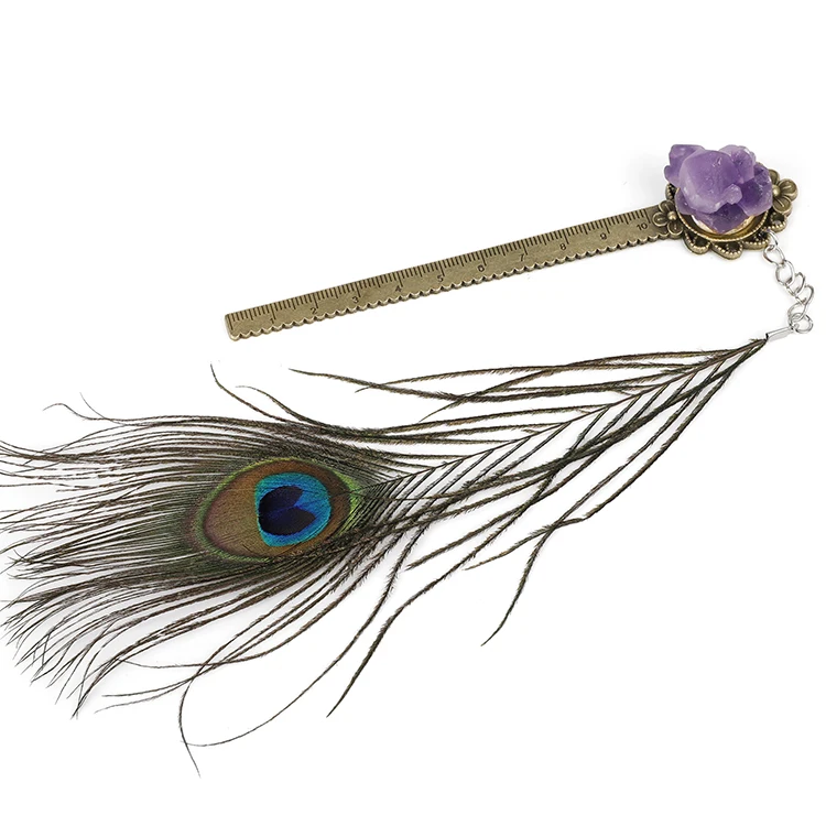 Vintage Peacock Feather Alloy Metal Amethyst Pyrite Hollow Agate Ruler Bookmark Tassels
