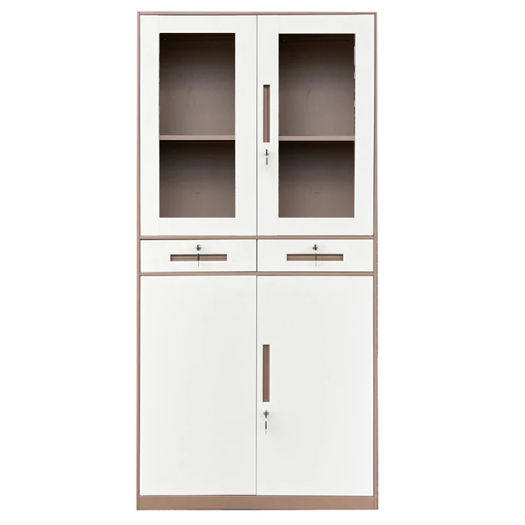 KD structure office use metal storage cupboard upper glass door two middle drawers file cabinet