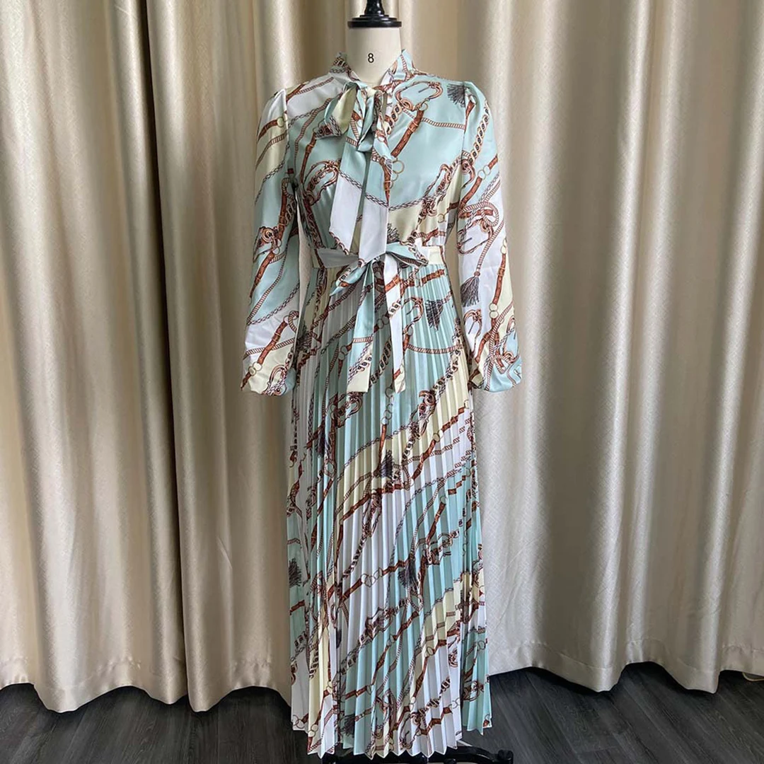 Latest Design Spring Oversized Long Sleeve Elegent Printed Pleat Maxi Dress Wrap Ladies Office Dress