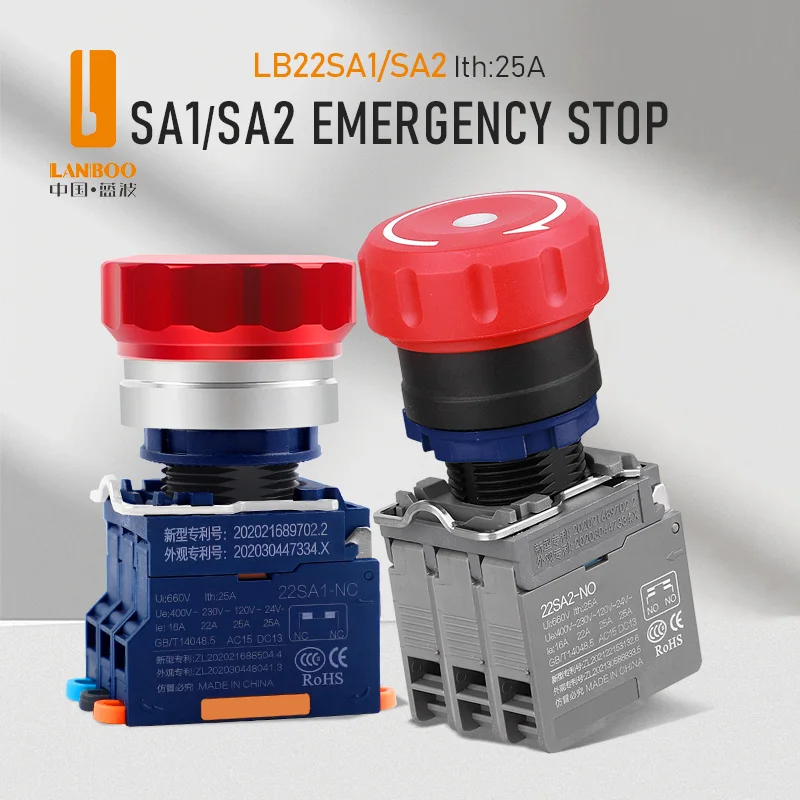 LANBOO SA1/SA2 Plastic Holding Type Emergency Stop Button Switch With Red And Green LED