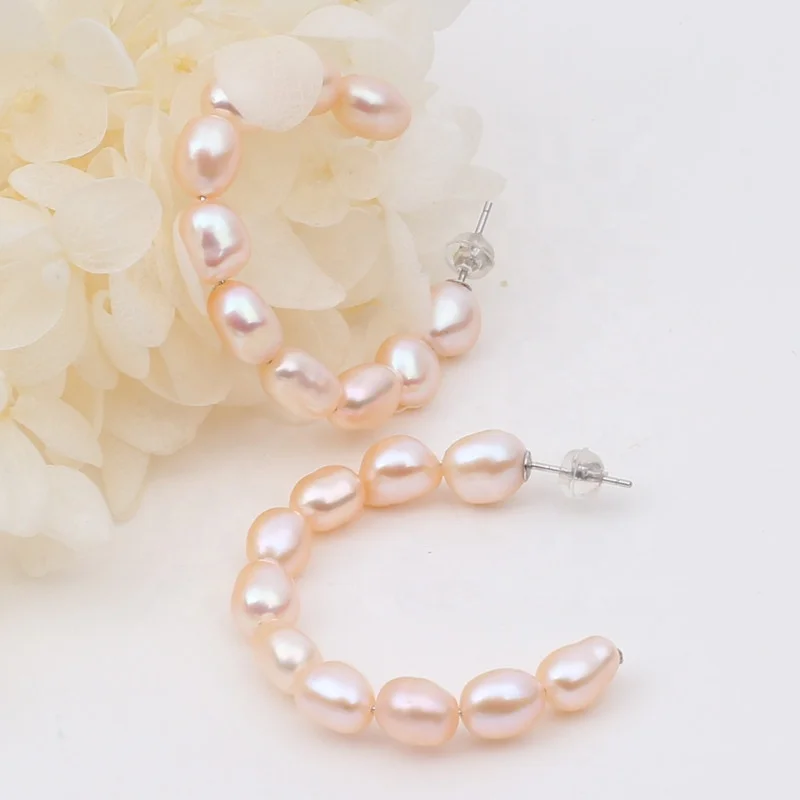 Customized lady sterling 925 silver stud loop white natural 6-7mm baroque pearl earring