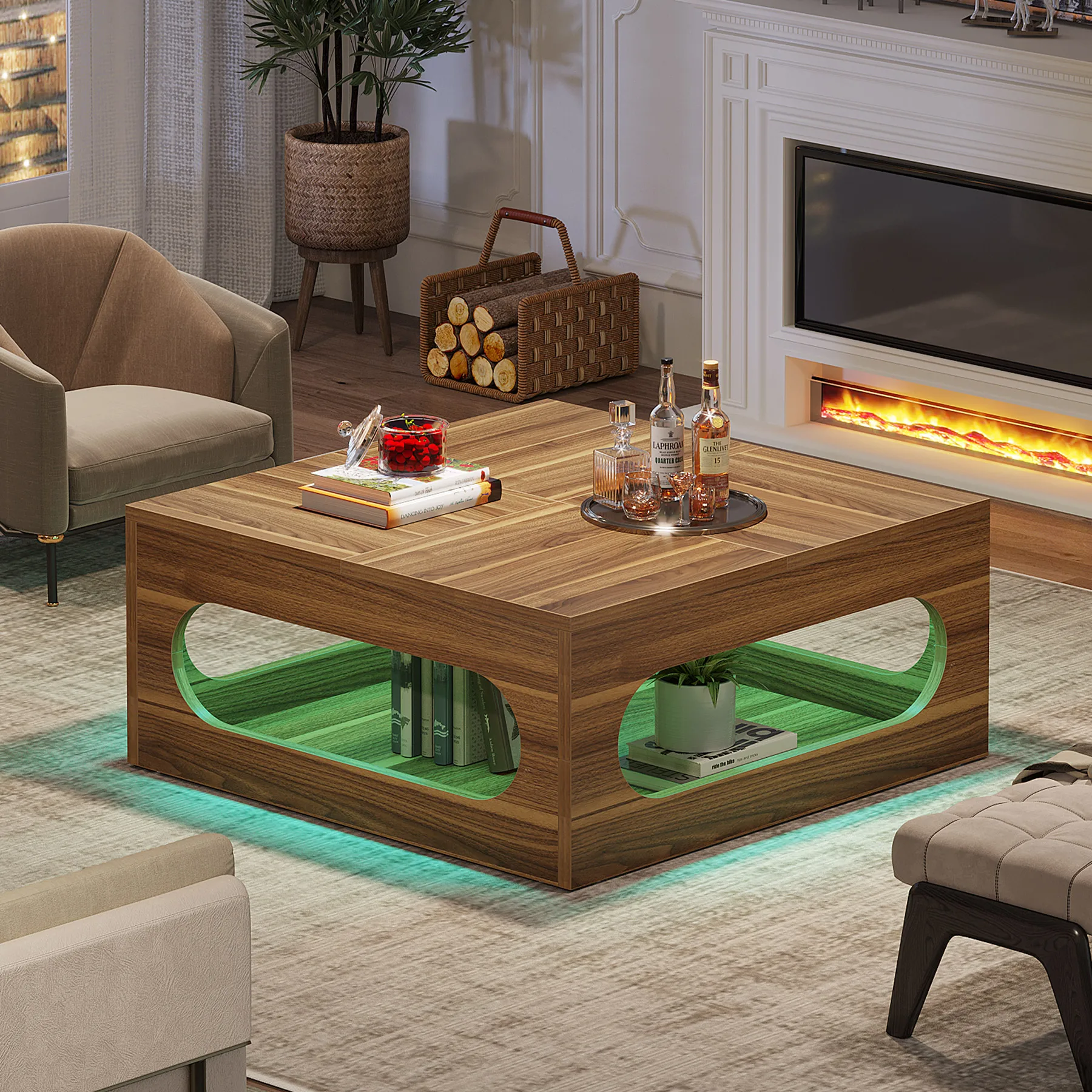 Factory Manufacturer Wood Coffee Table Cabinet 2-Tier Coffee Table Modern Wood Square Center Tea Table with LED Strip Light