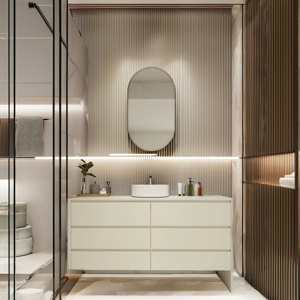 Exquisite Modern Design Bathroom Cabinet with LED Mirror and Wash Basin Wood Material for Home or Hotel Use