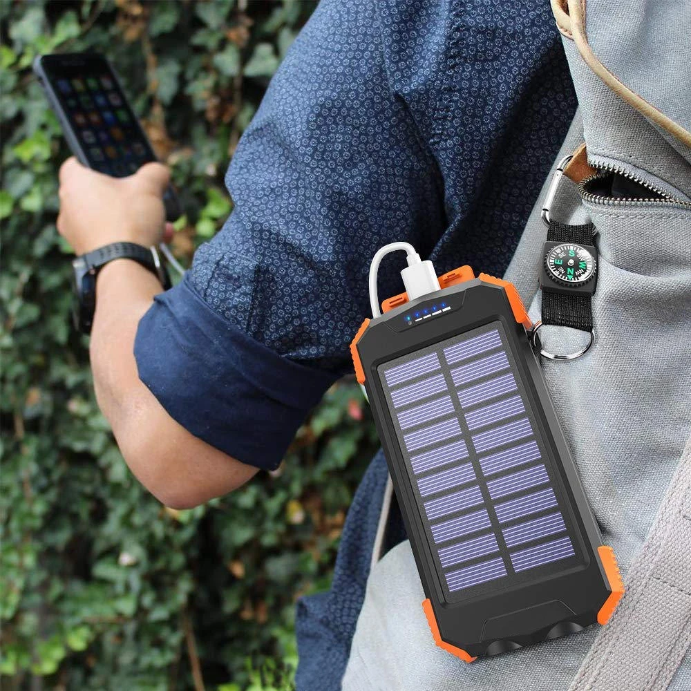 Outdoor wireless charging 10000mAh Dual USb Solar Powerbanks mobile portable solar chargers With Bright Flashlight