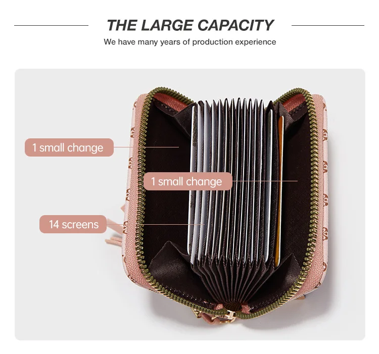 Custom Printed Luxury Designer Women Pink Pu Leather Credit Card Wallet With Zipper