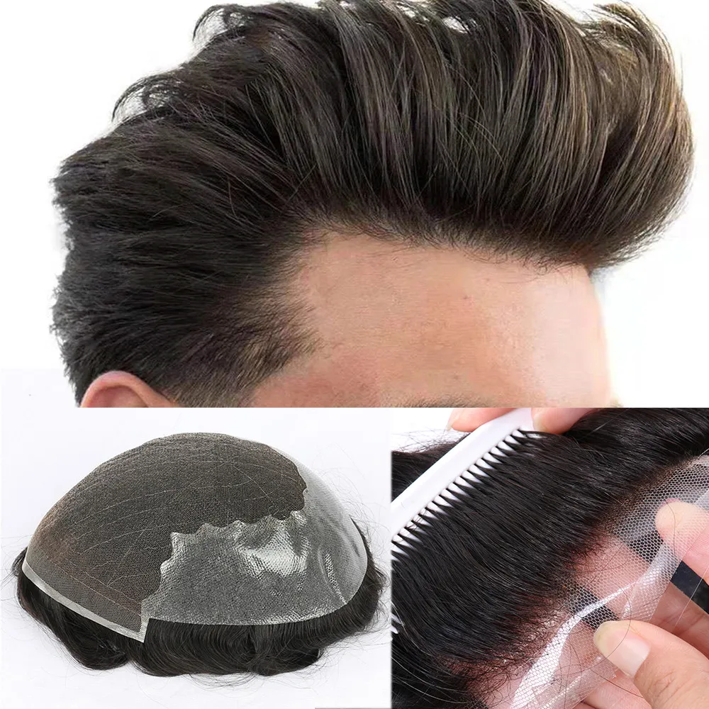 Hot Sale Q6 Base Men Wigs Hair Extension HD Transparent Swiss Lace And PU Front Human Hair Toupee
