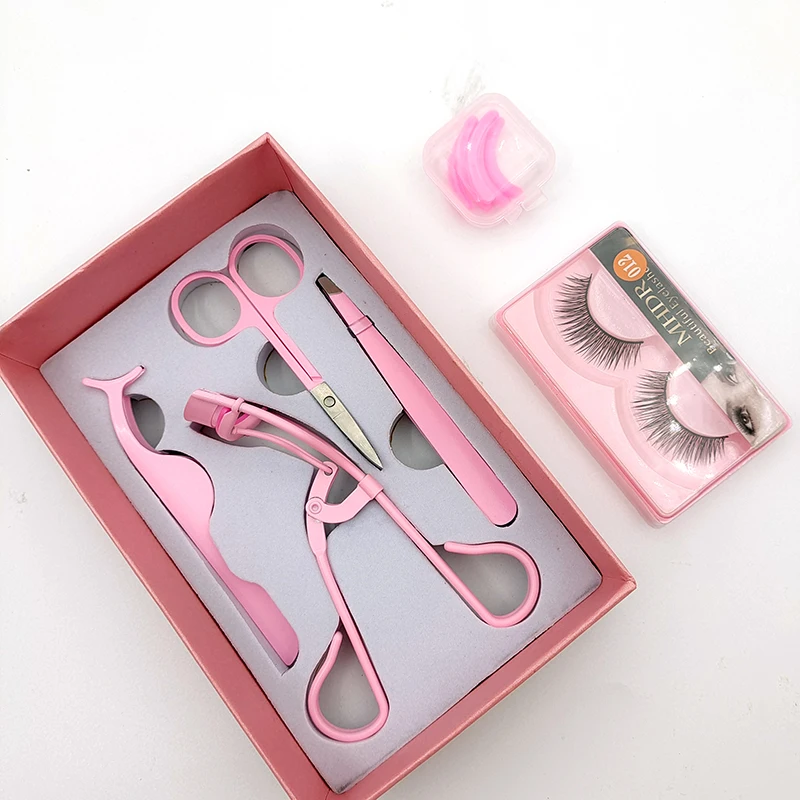 pink custom stainless steel false eyelash tweezer eyebrow scissor clip with lashes curler applicator 4pcs set