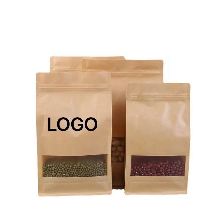 250g 500g Kraft Paper Flat Bottom compartment Stand Up plastic Zipper bags with clear window