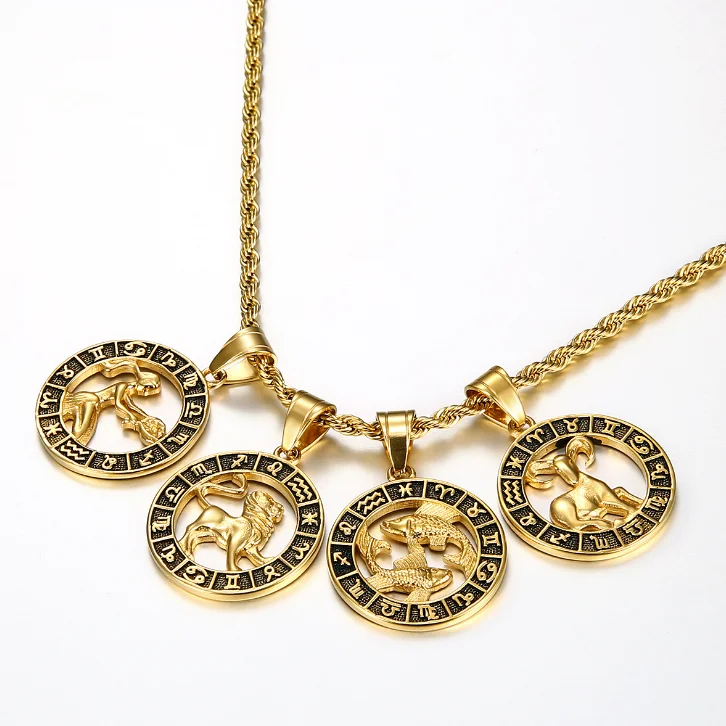 Ожерелье «сделай сам» из титановой стали и золота 18 карат, ретро кулон с рельефным знаком зодиака, ювелирные изделия