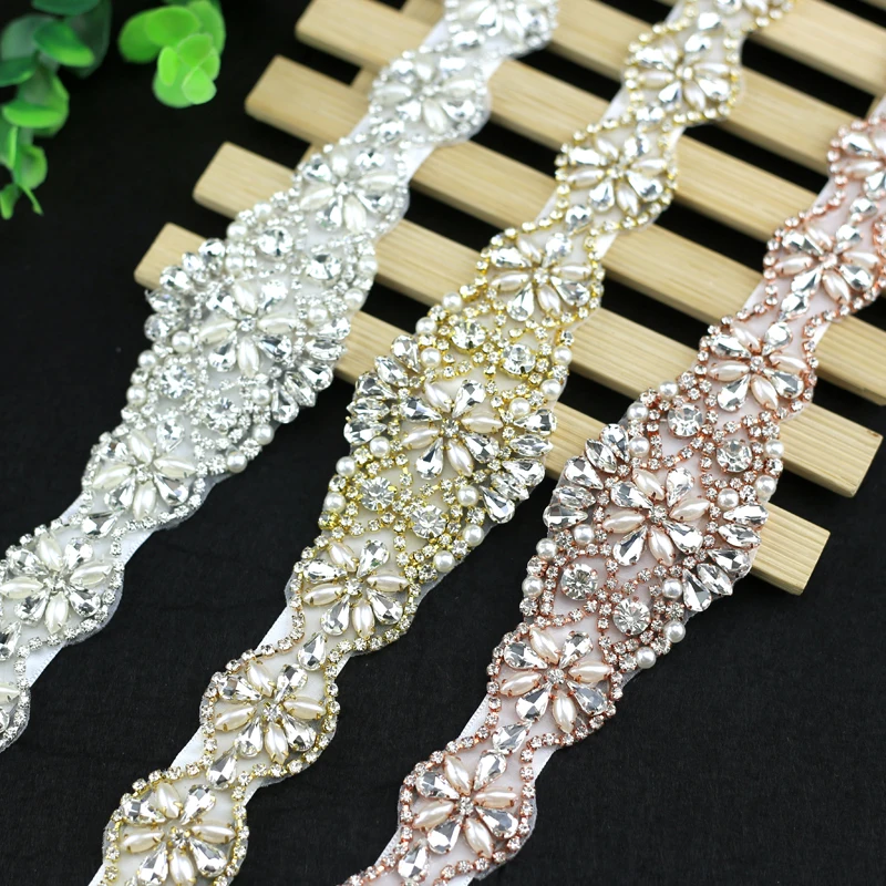 Romantic white pearl and crystal wedding dress sash belt rhinestone trims for women evening dress wedding party